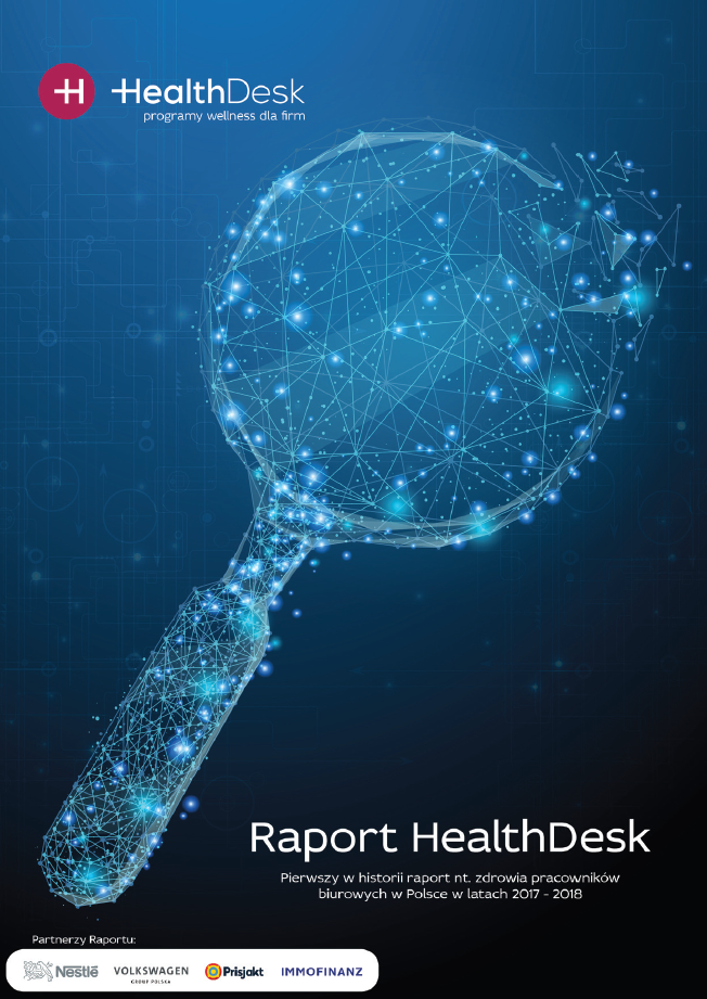 Okładka Raportu HealthDesk nt. zdrowia pracowników biurowych w Polsce 2019 rok